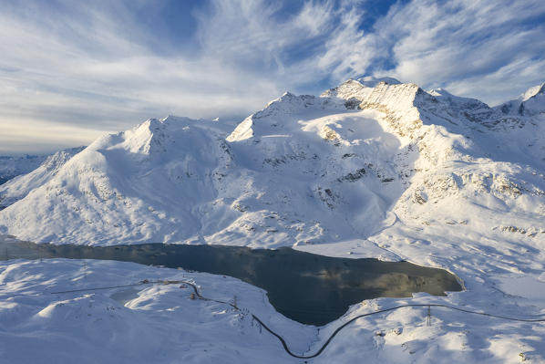 Panoramic of the snowy peaks surrounding Lago Bianco, Bernina Pass, Canton of Graubunden, Engadin, Switzerland