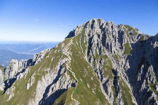 Aerial view of the rocky peaks of Grignetta (Southern Grigna), Valsassina, Lake Como, Lecco province, Lombardy, Italy