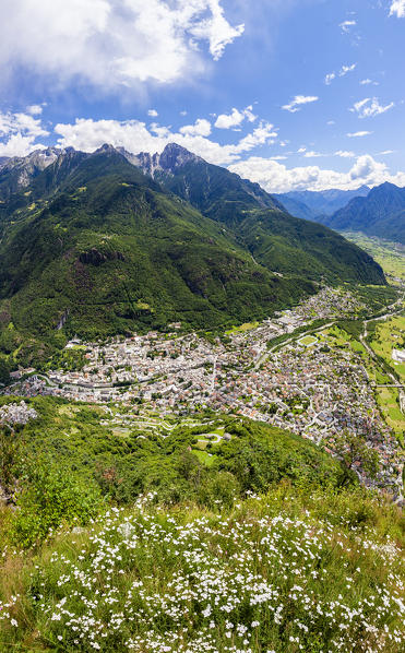Panoramic of Chiavenna from the alpine village of Daloo, Chiavenna Valley, Sondrio province, Valtellina, Lombardy, Italy