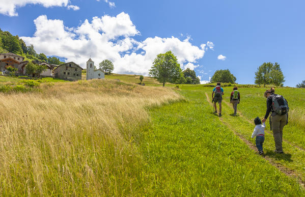Hikers walking in the green meadows around Daloo, Chiavenna Valley, Sondrio province, Valtellina, Lombardy, Italy