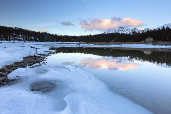 Sunrise over Lake Palù during spring thaw, Malenco Valley, Sondrio province, Valtellina, Lombardy, Italy