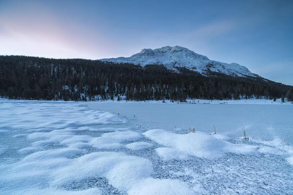 Frozen lake Lej da Staz, St Moritz, canton of Graubunden, Engadin, Switzerland