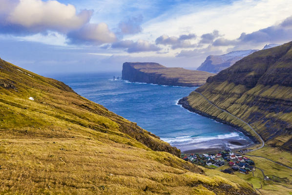Aerial panoramic of the coastal village of Tjornuvik, Streymoy island, Faroe Islands, Denmark