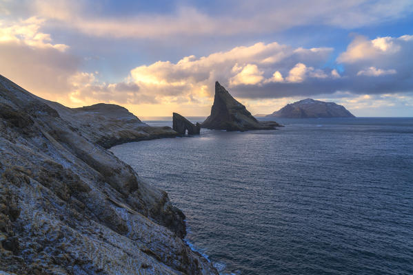 Sunset over Drangarnir and Tindholmur islet, Vagar Island, Faroe Islands, Denmark