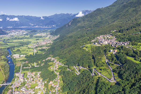 Villages of Cino and Dubino from hang glider, Valtellina, Sondrio province, Lombardy, Italy