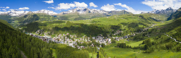 Aerial panoramic of Madesimo in spring, Valchiavenna, Valle Spluga, Valtellina, Sondrio province, Lombardy, Italy