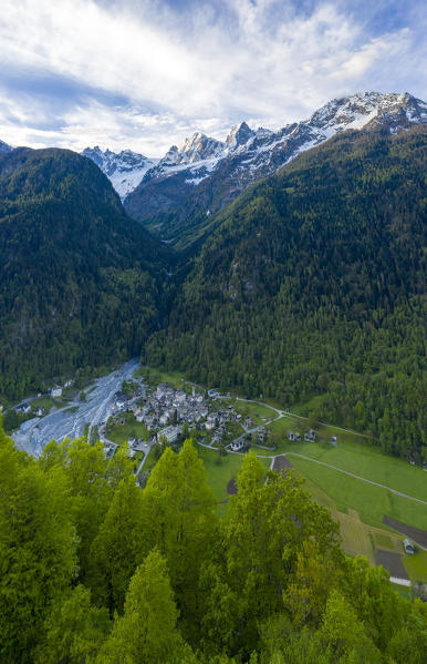 Panoramic of Bondo village hit by landslide from above, Sciore, Piz Badile and Cengalo, Bregaglia Valley, Graubunden, Switzerland