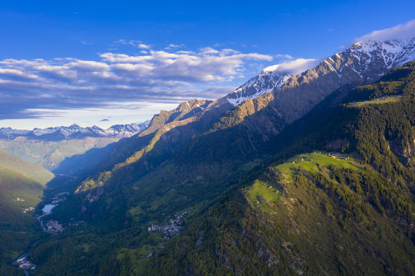 Elevated view of Tombal, Soglio and Chiavenna surrounded by the Alps, Bregaglia Valley, canton of Graubunden, Switzerland