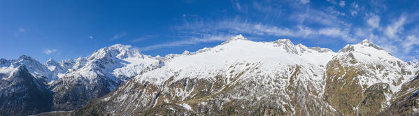 Aerial panoramic of Monte Disgrazia, Monte Vazzeda and Monte del Forno, Valle di Chiareggio Valmalenco, Valtellina, Lombardy, Italy
