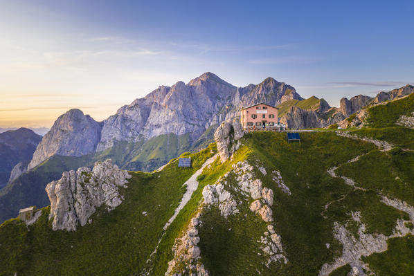 Aerial view of Rifugio Rosalba hut at feet of Grignetta (Grigna Meridionale), Lake Como, Lecco province, Lombardy, Italy