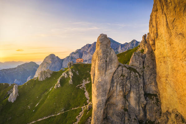 Aerial view of Rifugio Rosalba and Grignetta (Grigna Meridionale) from Torre Cinquantenario and Torre Cecilia, Lecco, Lombardy, Italy