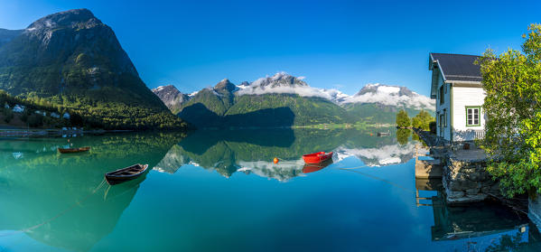 Panoramic of the clear water of Oppstrynsvatn Lake and Hjelle, Oppstryn, Sogn og Fjordane county, Norway