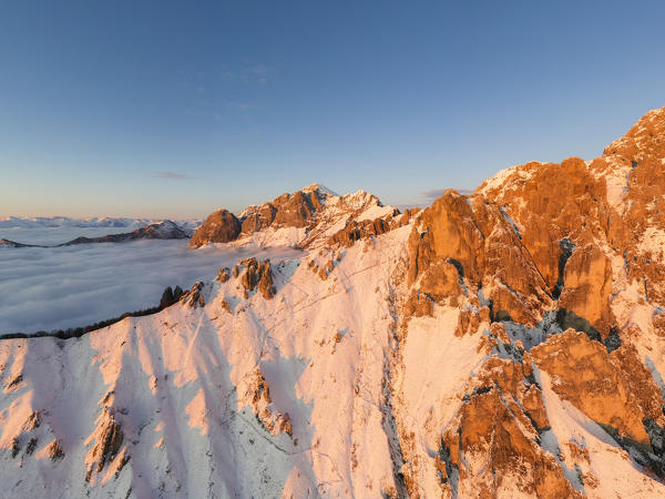 Aerial view of Grigne group at sunset in winter, Lake Como, Lecco province, Lombardy, Italy