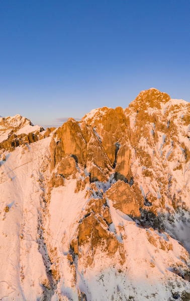 Aerial panoramic of Grigna Meridionale (Grignetta) and Cresta Segantini at sunset, Lake Como, Lecco province, Lombardy, Italy