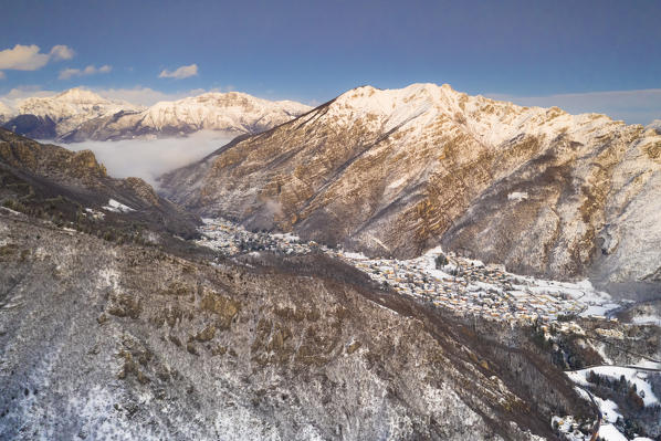Aerial view of Ballabio and Morterone in winter, Valsassina, Lecco province, Lombardy, Italy