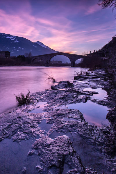 A purple sunset by the Ganda Bridge in Morbegno, Valtellina, Italy