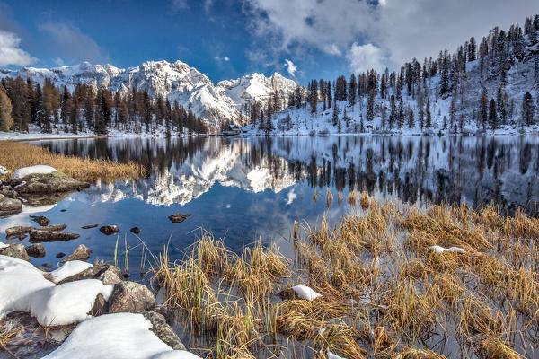 Sunrise at the Lake Malghette after a heavy snowfall - Dolomites, Trentino Alto Adige Italy Europe