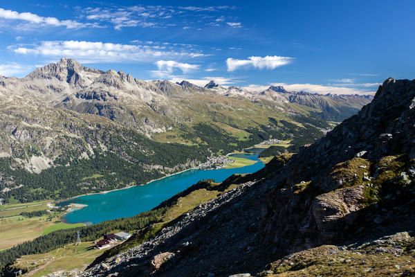 Panoramic view from the Furtchellas towards Saint Moritz, Engadine, Switzerland Europe