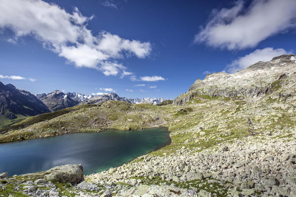 A panoramic view of the Lej Nair not far from the village of Grevasalvas, Engadine, Switzerland Europe