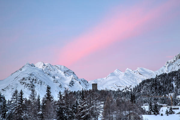 The magical colours of the dawn at the Belvedere Tower at the Maloja Pass in Engadine, Switzerland