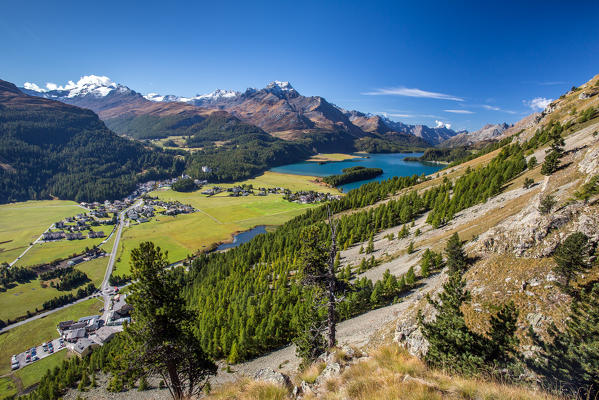 Panoramic view of the village of Sils and its wide lake in Engadine, Switzerland, Europe