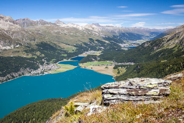 View towards Saint Moritz and the lakes Engadine, Switzerland Europe