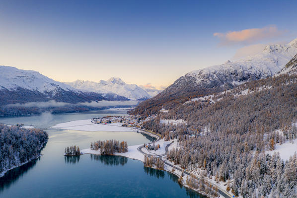 Snowy woods on shore of Lej Da Champfer with Silvaplana and Piz Da La Margna in background, Graubunden, Engadine, Switzerland