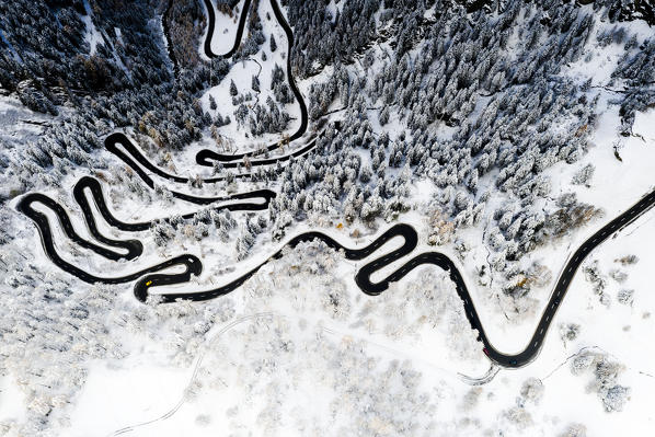 Serpentine road crossing the snowy woods, aerial view, Maloja Pass, Bregaglia Valley, canton of Graubunden, Engadine, Switzerland