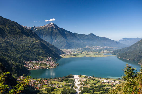 View of Novate Mezzola lake and lower Valtellina with Mount Legnone in the background Valchiavenna, Valtellina Lombardy Italy Europe