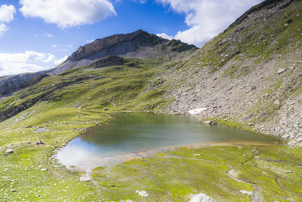 Elevated view of lake Lago Bianco in summer, Pian dei Cavalli, Vallespluga, Valchiavenna, Valtellina, Lombardy, Italy