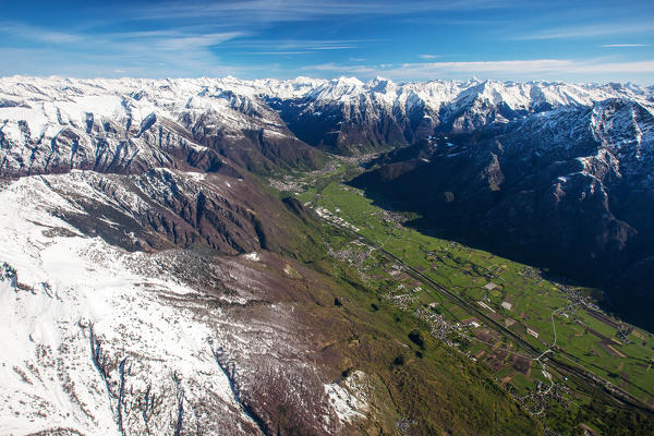 Aerial view of Valchiavenna in winter, Valtellina Lombardy Italy Europe