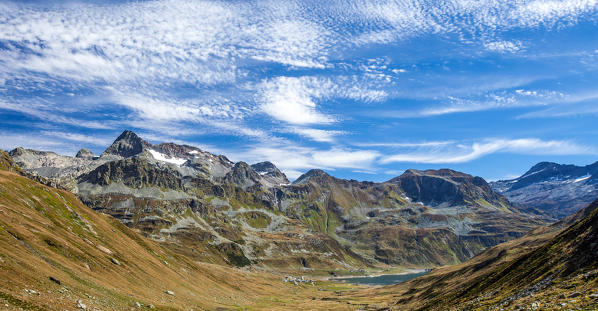 View of the peaks around Montespluga lake, Valchiavenna, Valtellina Lombardy Italy Europe