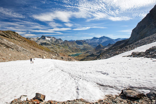 Hiker with a dog walking on a snowfield in Val Loga, Valchiavenna, Valtellina Lombardy Italy Europe