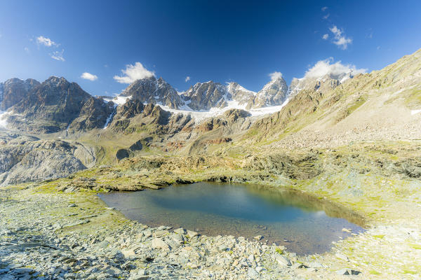 Forbici Lake with peaks Bernina, Roseg and Scerscen (Bernina Group) on background, Valmalenco, Valtellina, Lombardy, Italy