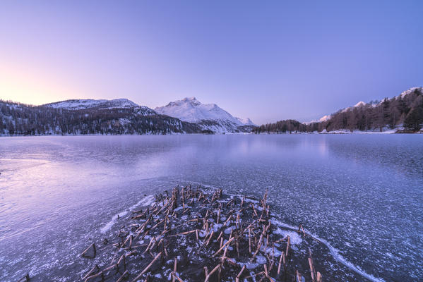 Winter sunrise over the snow capped Piz Da La Margna and frozen Lake Sils, canton of Graubunden, Engadine, Switzerland