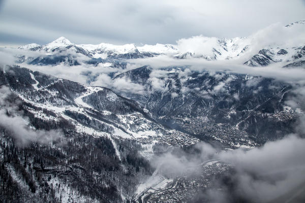 Aerial view of the villages of Chiesa, Lanzada, Torre di Santa Maria and Caspoggio Valmalenco, Valtellina Lombardy Italy Europe 