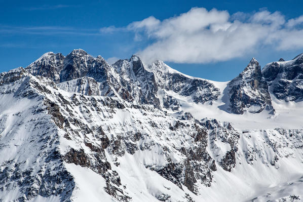 Aerial view of Bernina Group with the Ex Refuge Entova, Valmalenco Valtellina Lombardy Italy Europe 