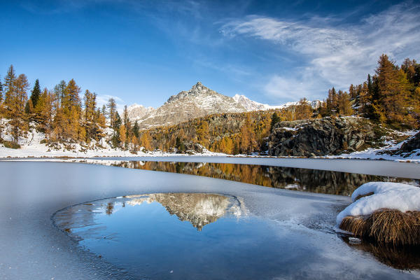 Sasso Moro reflected in a puddle in the lake of Mufulè, Valmalenco, Valtellina, Lombardy Italy Europe