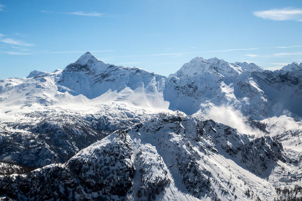 Aerial view of the area surrounding Pizzo Scalino in winter, Valmalenco, Valtellina, Lombardy Italy Europe