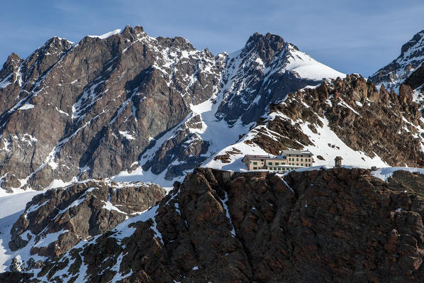 The Marinelli Hut and the Pizzo Bernina in spring, Valmalenco, Valtellina, Lombardy Italy Europe