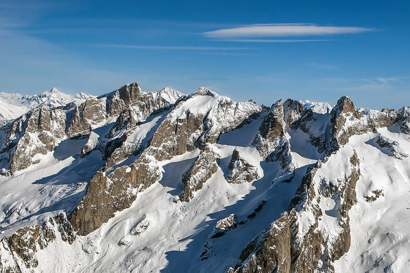 Aerial view of Pizzi Torrone and Cima di Castello in winter. Valmasino, Valtellina Lombardy, Italy Europe 
