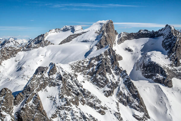 Aerial view of Cima di Castello with Punta Rasica and Allievi in winter. Valmasino, Valtellina Lombardy, Italy Europe 