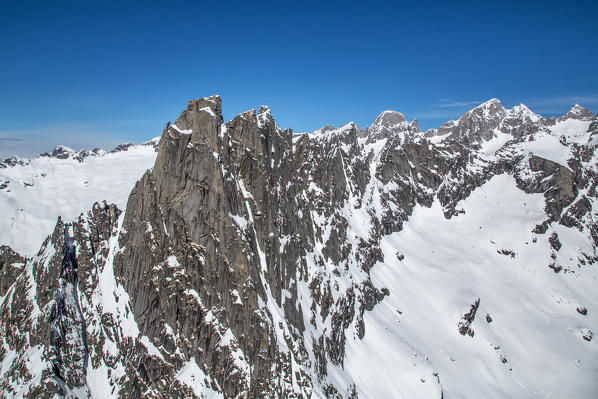 Aerial view of Cima del Cavalcorto in winter. Valmasino, Valtellina Lombardy, Italy Europe 
