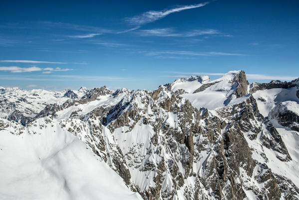 Aerial view of Cima di Zocca and Cima di Castello in winter. Valmasino, Valtellina Lombardy, Italy Europe