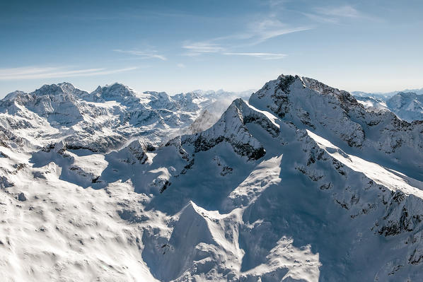 Aerial view of Monte Disgrazia with Monte Pioda from the side of Val di Mello. Valmasino, Valtellina Lombardy, Italy Europe