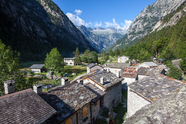 Huts in Cascina Piana at morning Val di Mello, Valmasino Valtellina Lombardy Italy Europe