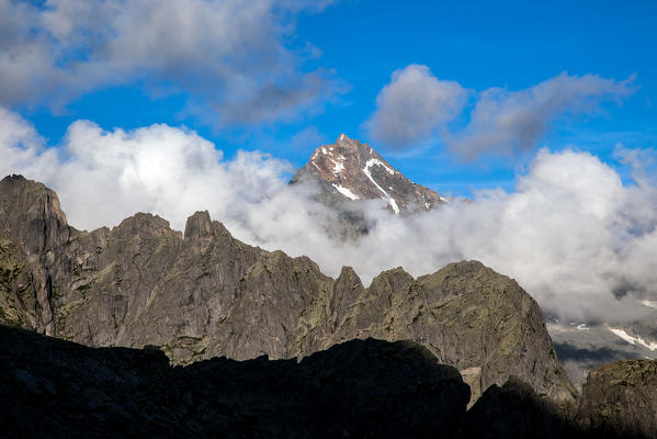 View of Monte Disgrazia sorrounded by granitic crests. Valmasino, Valtellina Lombardy, Italy Europe