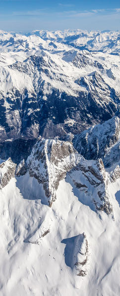 Aerial view of the italian side of Pizzo Badile in winter, Valmasino. Valtellina Lombardy Italy Europe