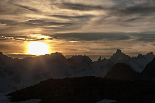 Sunset on the peaks of Valmasino.Valtellina Lombardy Italy Europe