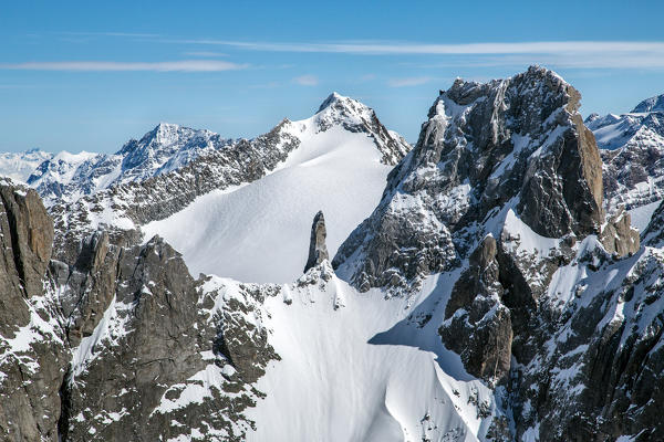 Aerial view of Pizzo Torrone with its famous granitic needle, Valmasino. Valtellina Lombardy Italy Europe